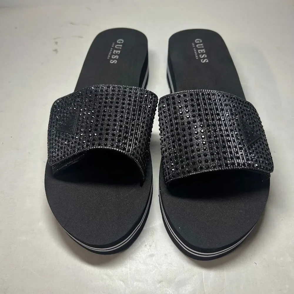GUESS Womens 10 M Black Rhinestone Abet Open Toe Platform Slide Sandals NEW FC2